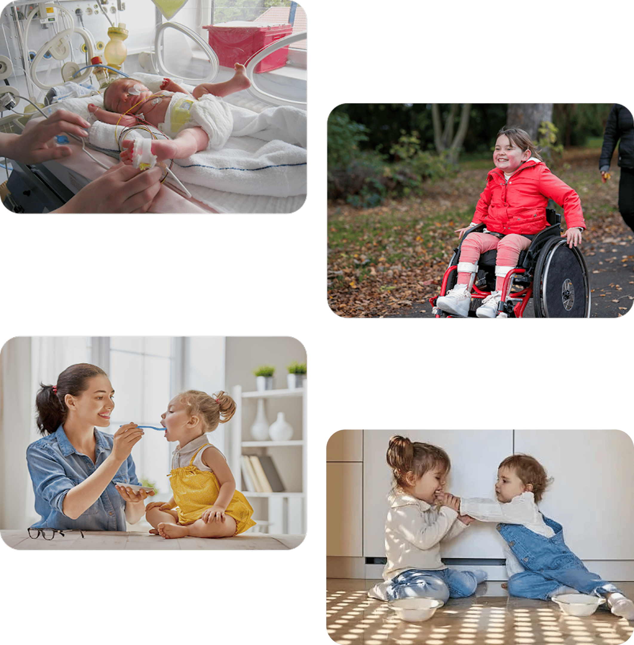 Collage: infant care, toddlers feeding, child wheelchair
